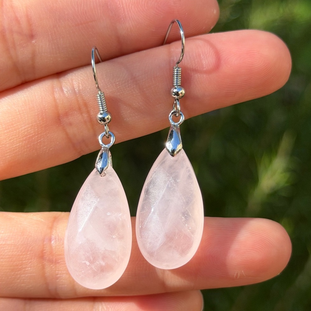 925 silver plated pink faceted rose quartz drop earrings 0547‎